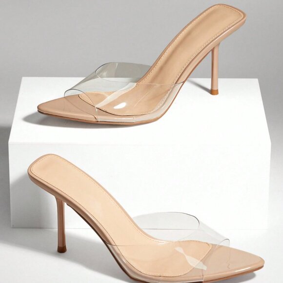 Beige Party Women's Transparent Pointed Toe Stiletto Heels - Picture 4 of 7